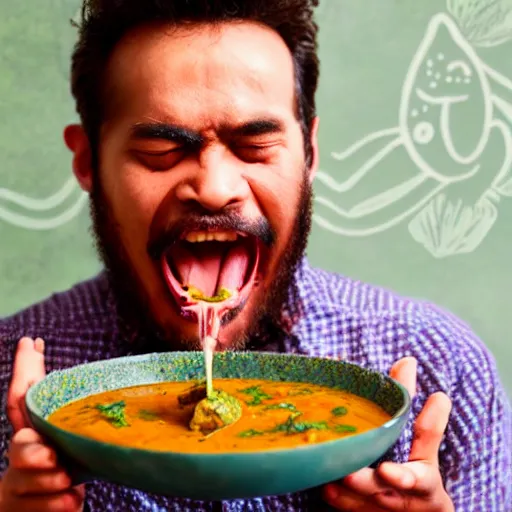 Image similar to photo of a man with three eyes ecstatically eating a bowl of indian frog curry. third eye forehead weeping with joy, hands raised