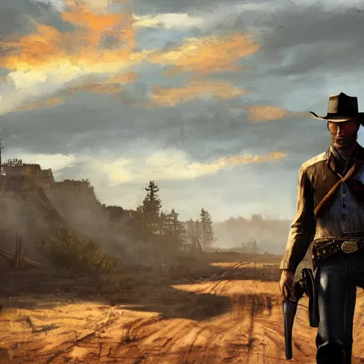 Image similar to oil painting of cowboy clint eastwood in rdr 2, western town, dusty street, sunrays, dramatic, very very very beautiful art