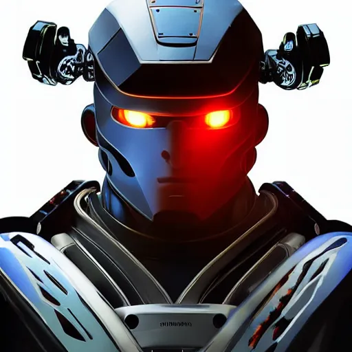 Image similar to portrait of streetfighter ryu as a cybernetic battle robot, visible face, super cool, katana, led, backlit, promotional material