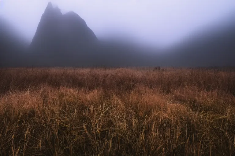 Prompt: a giant huge towering monster made of flesh and muscles very angry, misty, foggy, ambient light, grass, mountains, terror, glows,