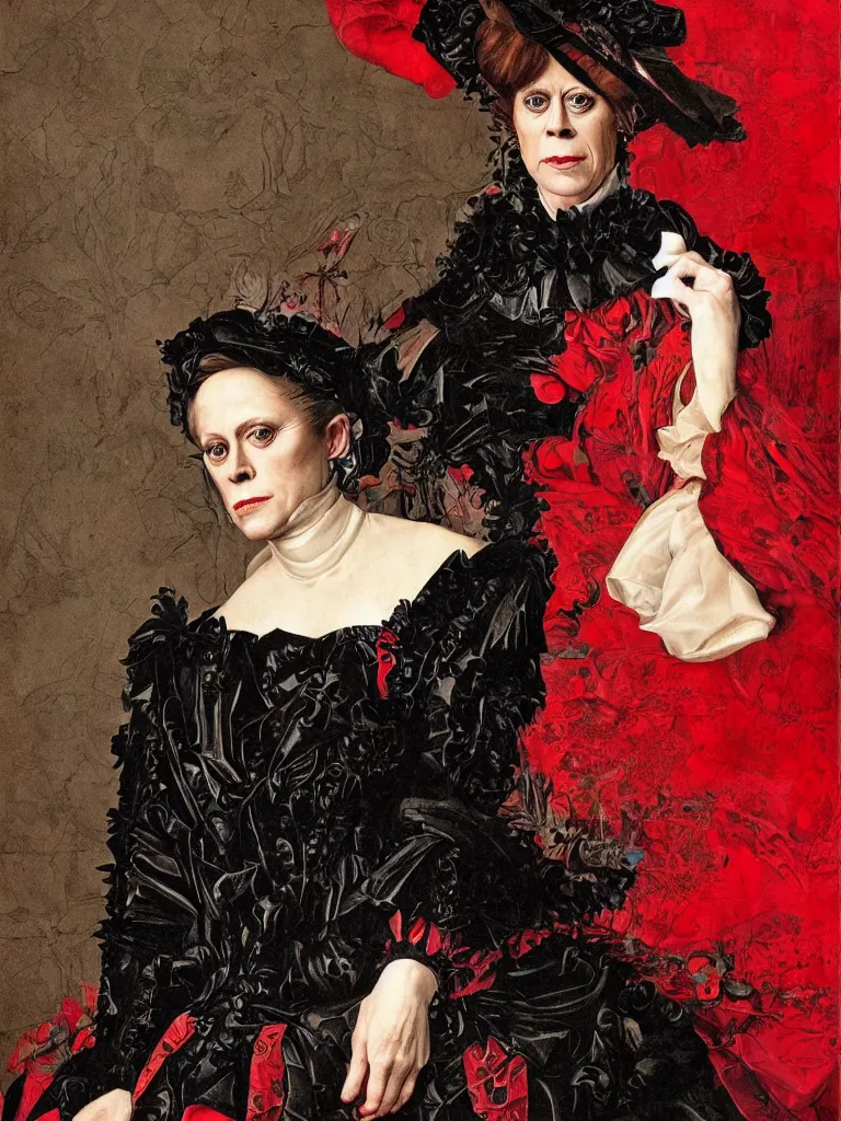 Image similar to Detailed maximalist stunning portrait of Signorney Weaver dressed in a black and red Victorian collar dress, HD mixed media, 3D collage, highly detailed and intricate, masterpiece, award-winning, surreal illustration in the style of Caravaggio, dark art, baroque