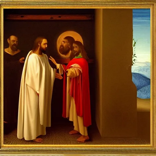 Image similar to jesus christ preaching to vladmir putin, photorealistic frame hanging on the wall, ultra-realistic in the colourful style of leonardo da vinci artstation hd oil painting and edward hooper, renaissance painting