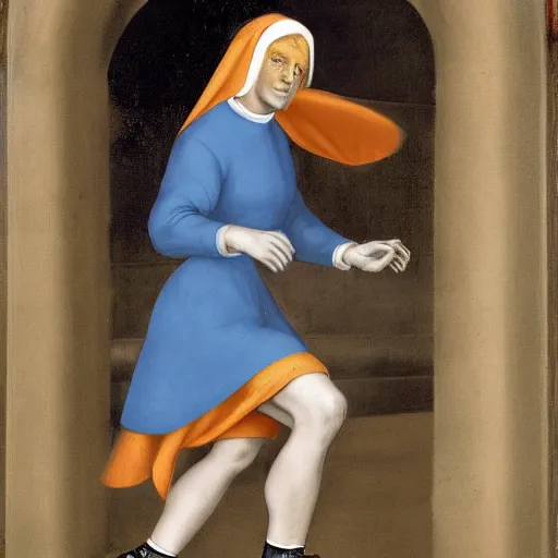 Image similar to blonde nun in blue clothes on roller skates, body shot, in the style of michaelangelo