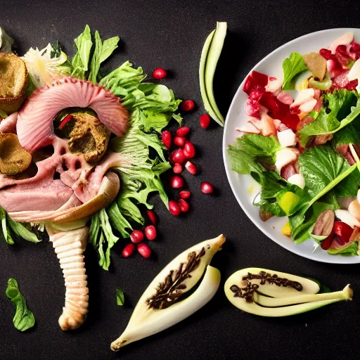 Prompt: food photography of a human bone salad with lots of human bone and a pinch of human bone with a side of human bone