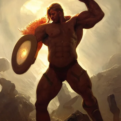 Prompt: handsome portrait of a spartan guy bodybuilder posing, radiant light, caustics, war hero, dragon age inquisition, by gaston bussiere, bayard wu, greg rutkowski, giger, maxim verehin