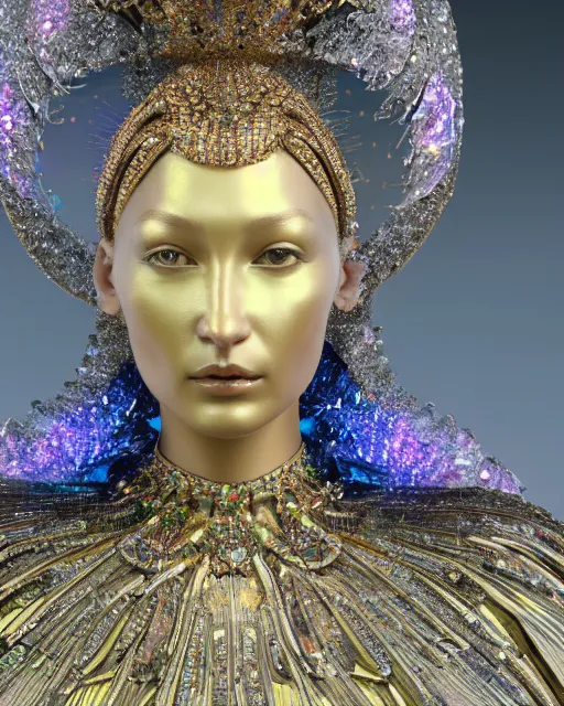 Prompt: a highly detailed metahuman 4 k close up render of an alien goddess bella hadid monument jibaro renaissance in iris van herpen dress schiaparelli in diamonds crystals swarovski and jewelry iridescent in style of alphonse mucha gustav klimt trending on artstation made in unreal engine 4