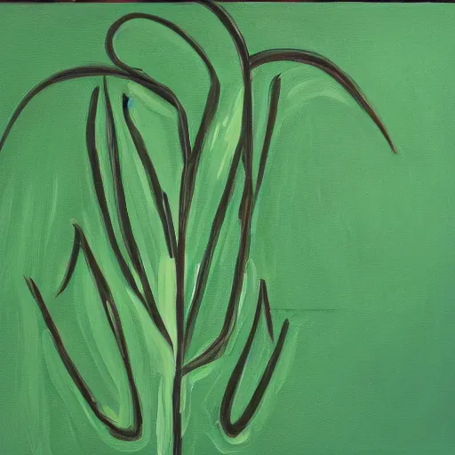 Prompt: an abstract painting of a dark green plant growing to take up everything against a mint green background, painting