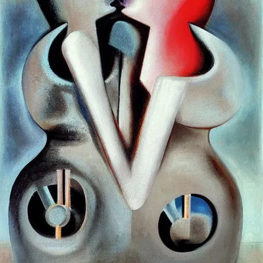 Image similar to Oil painting by Roberto Matta. Two mechanical gods kissing. Oil painting by Marlene Dumas. Dali.