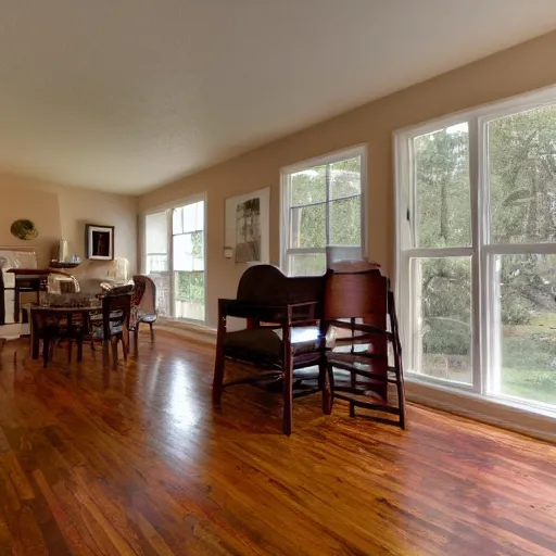 Image similar to a real estate home interior photo. there is a ghost sitting in a chair, almost unseen.