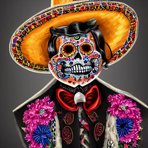 Prompt: Exquisitely dressed calavera mariachi with a intricate Sombrero portrait, 8K resolution, digital art, hyper realistic, intricately detailed, Trending on Artstation, award winning image