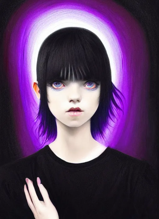 Image similar to hair blackbangs hair, white hair, blackbangswhitehair, portrait of teenage girl with black bangs, red irises, purple clothes, black bangs, bangs are white hair is black, intricate, elegant, glowing lights, highly detailed, digital painting, artstation, concept art, sharp focus, illustration, art by wlop, mars ravelo and greg rutkowski