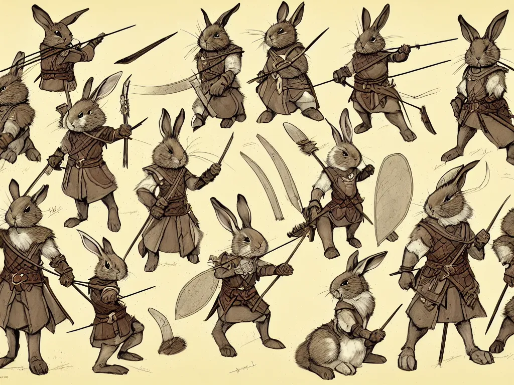 Image similar to character design sheet for a group of heroic rabbit archers on a parchment background, redwall, greg rutowski and jean baptiste monge, very very detailed, epic fantasy concept art