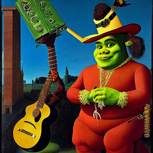 Image similar to Portrait of Jack Black dressed as Shrek, playing Electric Guitar, with beautiful exotic robot. Painting by Jan van Eyck, Audubon, Rene Magritte, Agnes Pelton, Max Ernst, Walton Ford