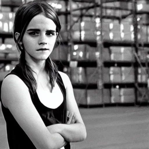 Image similar to photo, close up, emma watson in a hi vis vest, in warehouse, android cameraphone, film still from 1 9 7 4 movie, 2 6 mm,