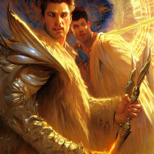 Image similar to attractive male deity casts light spell, summons attractive male lucifer morningstar. highly detailed painting by gaston bussiere, craig mullins, j. c. leyendecker 8 k