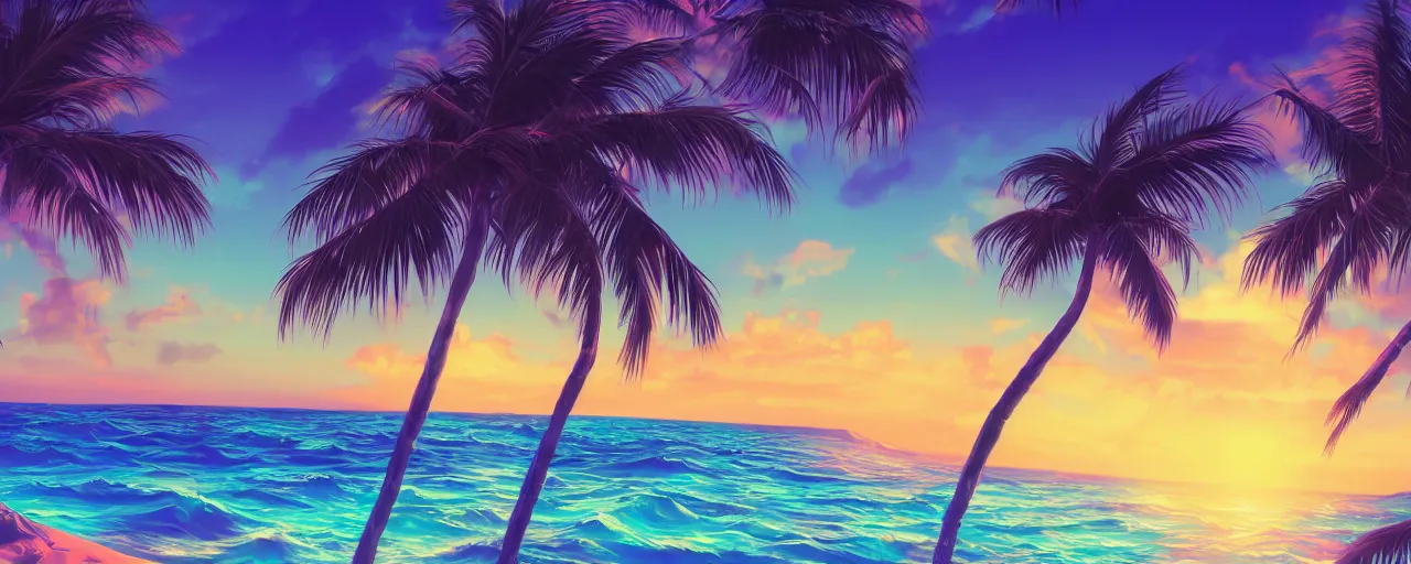 Image similar to A highly detailed wallpaper of a vaporwave beach at sunset in vaporwave style, sun, ocean, palm trees, artstation, cgsociety, masterpiece