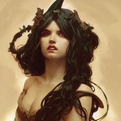 Image similar to beautiful angelic seductive witch, fantasy, cinematic lighting, highly detailed, digital painting, artstation, smooth, sharp focus, centered, illustration, art by Brom, Greg Rutkowski and Alphonse Mucha, by Pixar