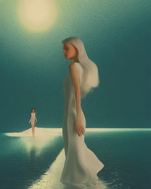 Image similar to a woman in a white dress standing in the water, an album cover by stanley twardowicz, trending on cg society, retrofuturism, retrowave, chillwave, synthwave