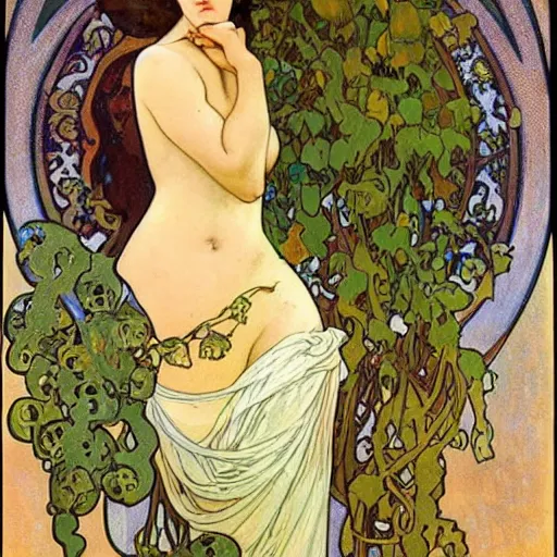 Image similar to beautiful women, aphrodisiac, tall goddess, expressive oil painting, art nouveau, vines, edwardian woman, 1 9 2 0's france, oil painting by alphonse mucha