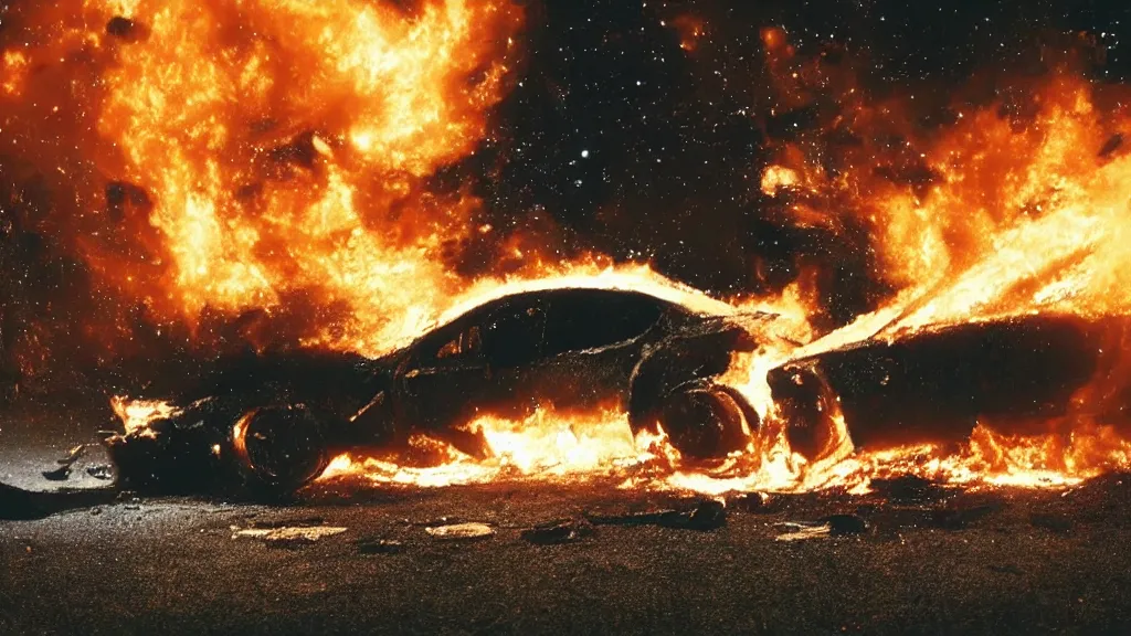 Prompt: movie still of a burning car in outer space