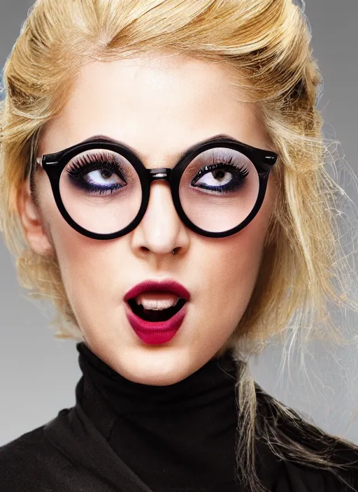 Prompt: a severe french woman with blonde hair tied in a strict bun, spectacles, lots of makeup, rich, character portrait, digital art, high quality, 8 k, detailed, d & d character,