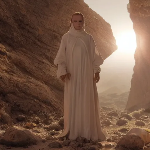 Image similar to The full body shot of beautiful pale woman with white flowers and full-face golden mask in a rocky desert landscape, multiple eyes by Denis Villeneuve, Lubezki, Gaspar Noe and Christopher Doyle, anamorphic lens, anamorphic lens flares, kodakchrome, cinematic composition, practical effects, award winning photo, 8k,