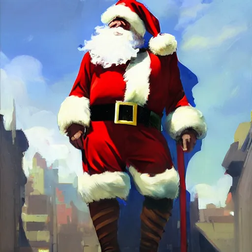 Prompt: greg manchess portrait painting of partially armored santa claus as overwatch character, medium shot, asymmetrical, profile picture, organic painting, sunny day, matte painting, bold shapes, hard edges, street art, trending on artstation, by huang guangjian and gil elvgren and sachin teng