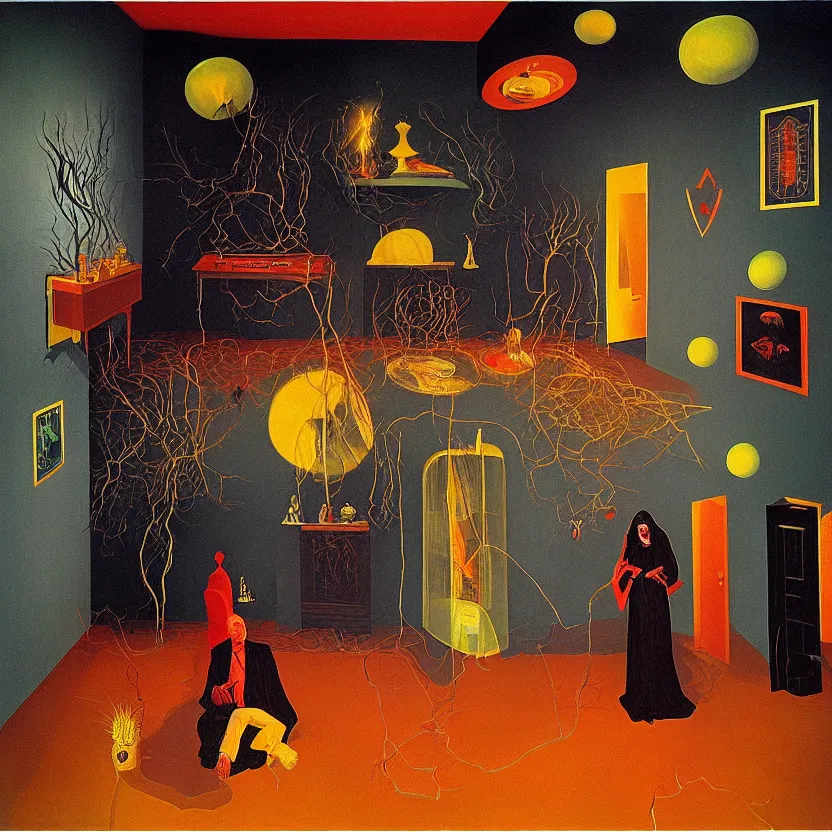 Image similar to One man and one woman attached by love in a living room of a house, floating dark energy surrounds the middle of the room. There is one living room plant to the side of the room, surrounded by a background of dark cyber mystic alchemical transmutation heavenless realm, by Remedios Varo and Anato Finnstark and Greg Rutkowski and Andy Warhol, dayglo pink, dayglo blue, prismatic, pearlescent white, raven black, hyperrealism, 8k, trending on ArtStation, rendered in Octane, rendered in Unreal engine, award winning, volumetric lighting