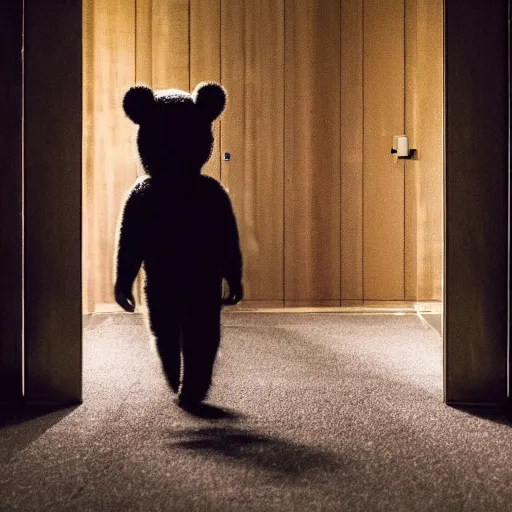 Image similar to dark photograph of a small bear mascot walking through a large wooden doorway