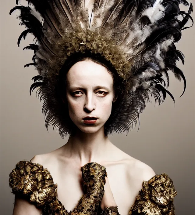 Prompt: photography portrait by paolo roversi of a feminine actress smoking wearing a ornate costume with feathers by iris van herpen, highly detailed, artstation, smooth, sharp foccus, artstation hq, skin grain detail, high detail, creativity in fashion design