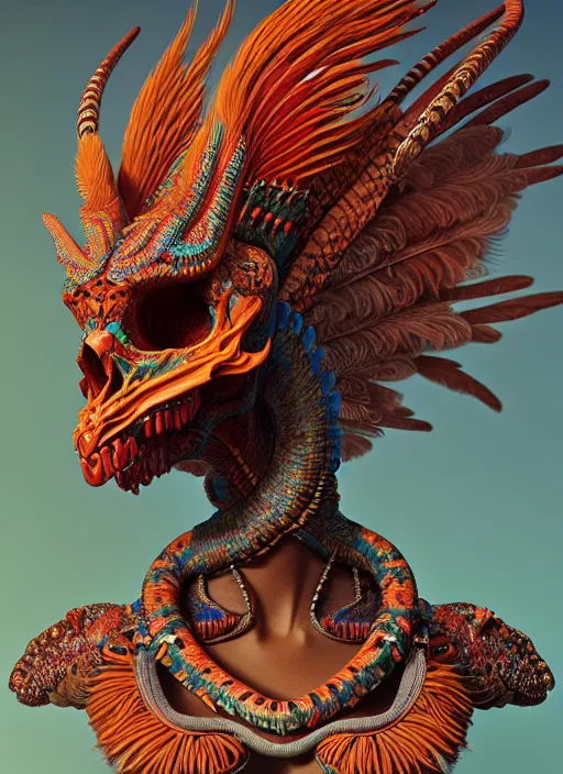 Image similar to a wlop 3 d portrait of a goddess, 8 k micro details beautiful intricate highly detailed quetzalcoatl skull and feathers. fire, galaxy, artwork by tooth wu and wlop and beeple and greg rutkowski, trending on artstation,