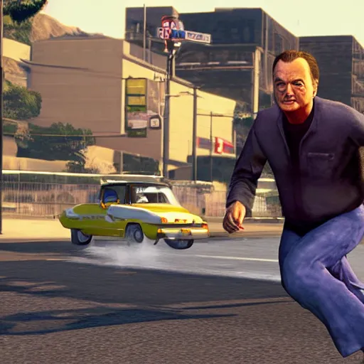 Image similar to bill murray in gta, running from cops, game screenshot