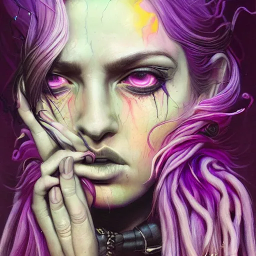 Prompt: art portrait of a furious girl with think, hair-like purple tentacles on her head and bright purple eyes, 8k,by tristan eaton, Stanley Artgermm,Tom Bagshaw,Greg Rutkowski,Carne Griffiths,trending on DeviantArt, face enhance,hyper detailed ,full of colour,