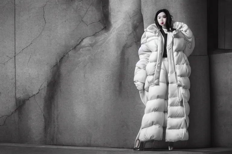 Image similar to well lit fashion shoot portrait of extremely beautiful female marble statue wearing huge over size puffer jacket by dingyun zhang, yeezy, balenciaga, vetements, a cold wall, sharp focus, clear, detailed,, cinematic, detailed, off white, glamourous, symmetrical, vogue, editorial, fashion, magazine shoot, glossy