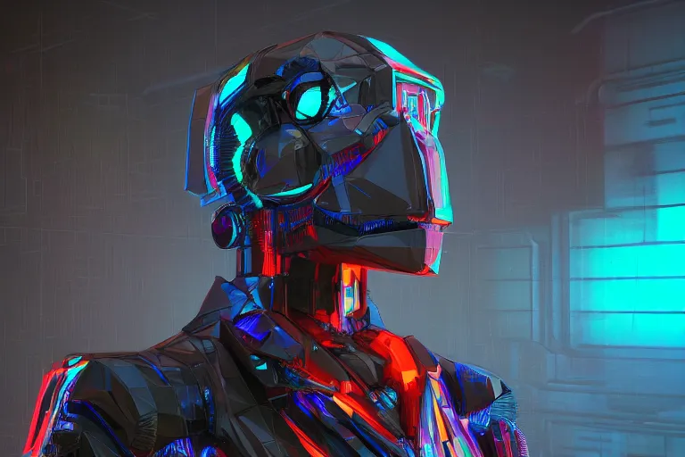 Prompt: 3D render of a low-poly cyberpunk humanoid futuristic sci-fi robot, neon lights, in the style of Daniel Dociu, dramatic lighting, vibrant colors, Trending on Artstation HQ, 4K, UHD, High quality, Unreal Engine