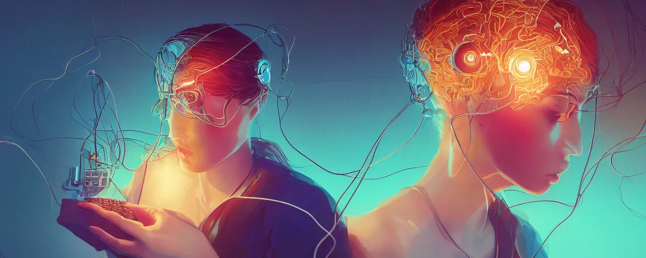 Image similar to A young woman with wires coming out of her head connecting to a computer, 4k wallpaper, digital art, deep colors, heavenly lighting, realistic reflections, light refraction, trending on arstation, by Victoria Rose, by Josan Gonzalez, by Juan Osorio