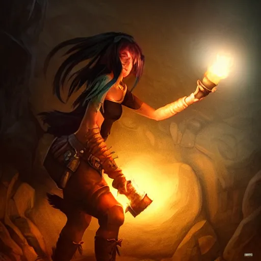 Image similar to a epic hero adventurer holding a torch in a dark cave, artgerm, realistic, cryengine, symmetric