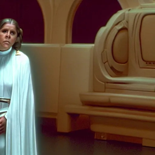 Image similar to a full color still of Carrie Fisher as Leia Organa as a regal Senator in the Galactic Senate, cinematic lighting, 1999, directed by Steven Spielberg, 35mm