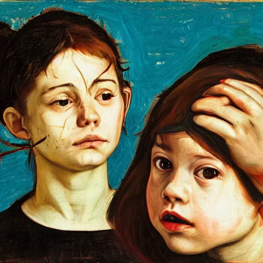 Image similar to two girls watching the world burn, done in the style of caravaggio, basquiat, akseli gallen kallela, highly detailed, 4 k