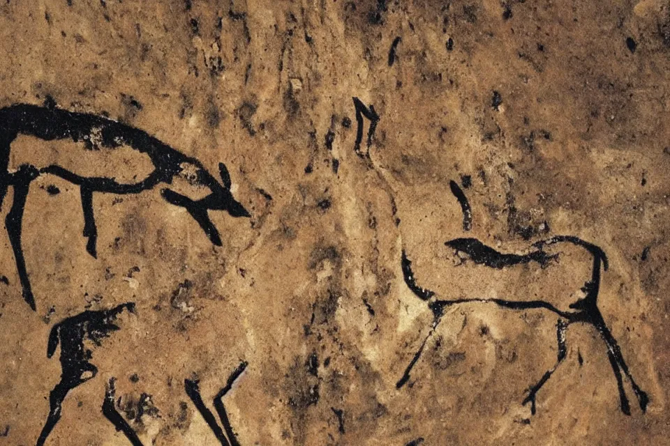 Image similar to a cave painting of a deer and r 2 - d 2. lascaux cave paintings, chauvet