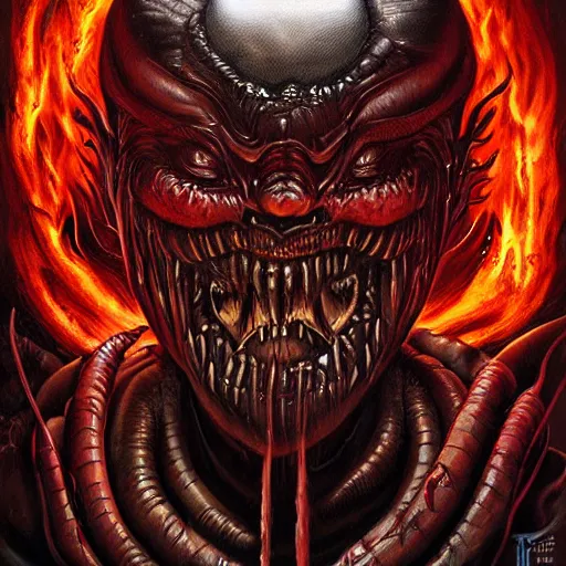 Prompt: doom giger venom demon portrait in hell, fire and flame , Pixar style, by Tristan Eaton Stanley Artgerm and Tom Bagshaw.