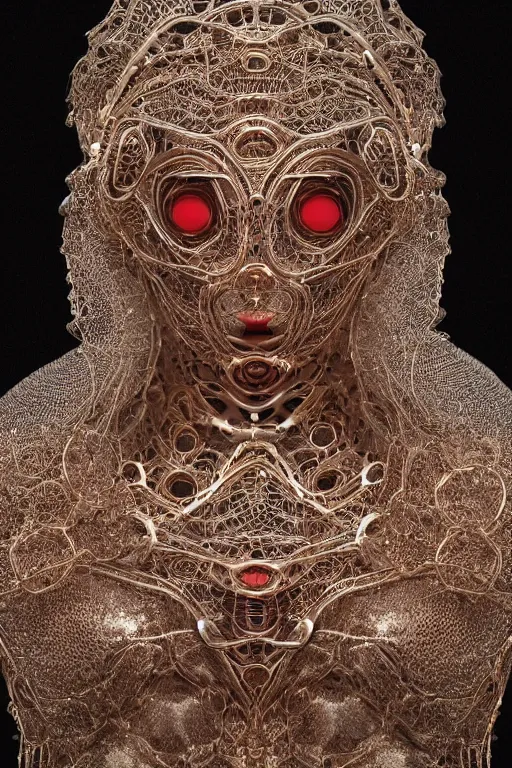 Image similar to a melancholic realistic 8k Sculpture of a complex robotic human face, liquid simulation, dramatic lighting, silver gold red details, hexagonal mesh wire, filigree intricate details, cinematic, fleshy musculature, white blossoms, elegant, octane render, 8k post-processing, intricate artwork by artgerm and alphonse mucha and ruan jia