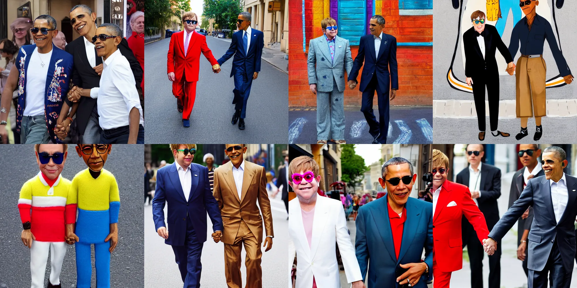 Prompt: elton john and barack obama holding hands on a street, full body, romantic, warm colors, hyperrealistic, professional picture, high detail, detailed faces, 8 k, award winning, masterpiece,