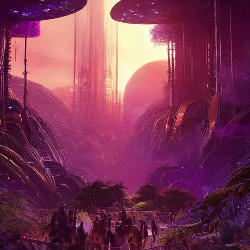 Prompt: Cyber space forest scene, Giant Aztec space city, purple sunset lighting, intricate details ,by denis villeneuve, Ridley Scott, Greg Rutkowski and Alphonse Mucha