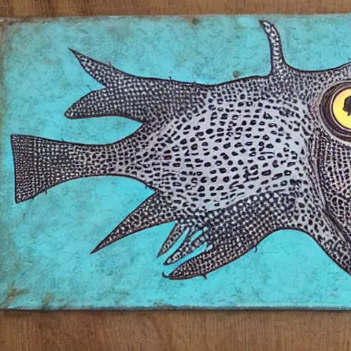 Image similar to A trypophobia fish with man hands for fins, fighting a seagull with human teeth and bat wings for feet, in the style of Tim Burton