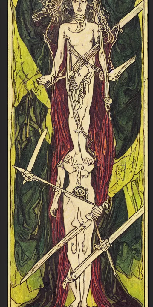 Prompt: queen of swords tarot card by austin osman spare