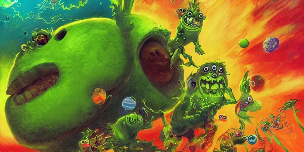 Image similar to a cinematic poster of green tennis ball monsters, in space, digital art, fantasy, magic, chalk, chalked, trending on artstation, ultra detailed, detailed, fine details, professional illustration by basil gogos
