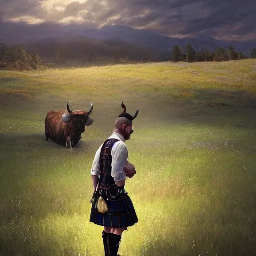 Prompt: a bull dressed in a scottish kilt, a photo shoot, the sun is shining, a chamomile field by greg rutkowski and thomas kinkade, trending on artstation, 3 d art station