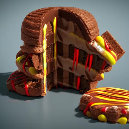 Image similar to a jello chocolate candy lollipop snickers bar icecream cake muffin jaffa marshmallow nougat waffle candy gummy jelly sandwich, volumetric lighting, octane render, unreal engine, 8k, hd, perfect, decadent, highly detailed, stroopwaffel