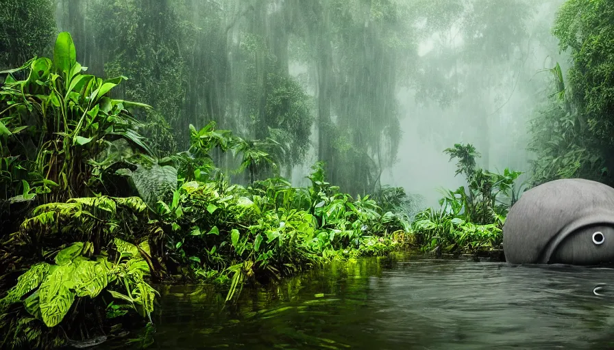 Image similar to a rainy foggy jungle, river with low hanging plants, there is a giant octopus in the water, great photography, ambient light